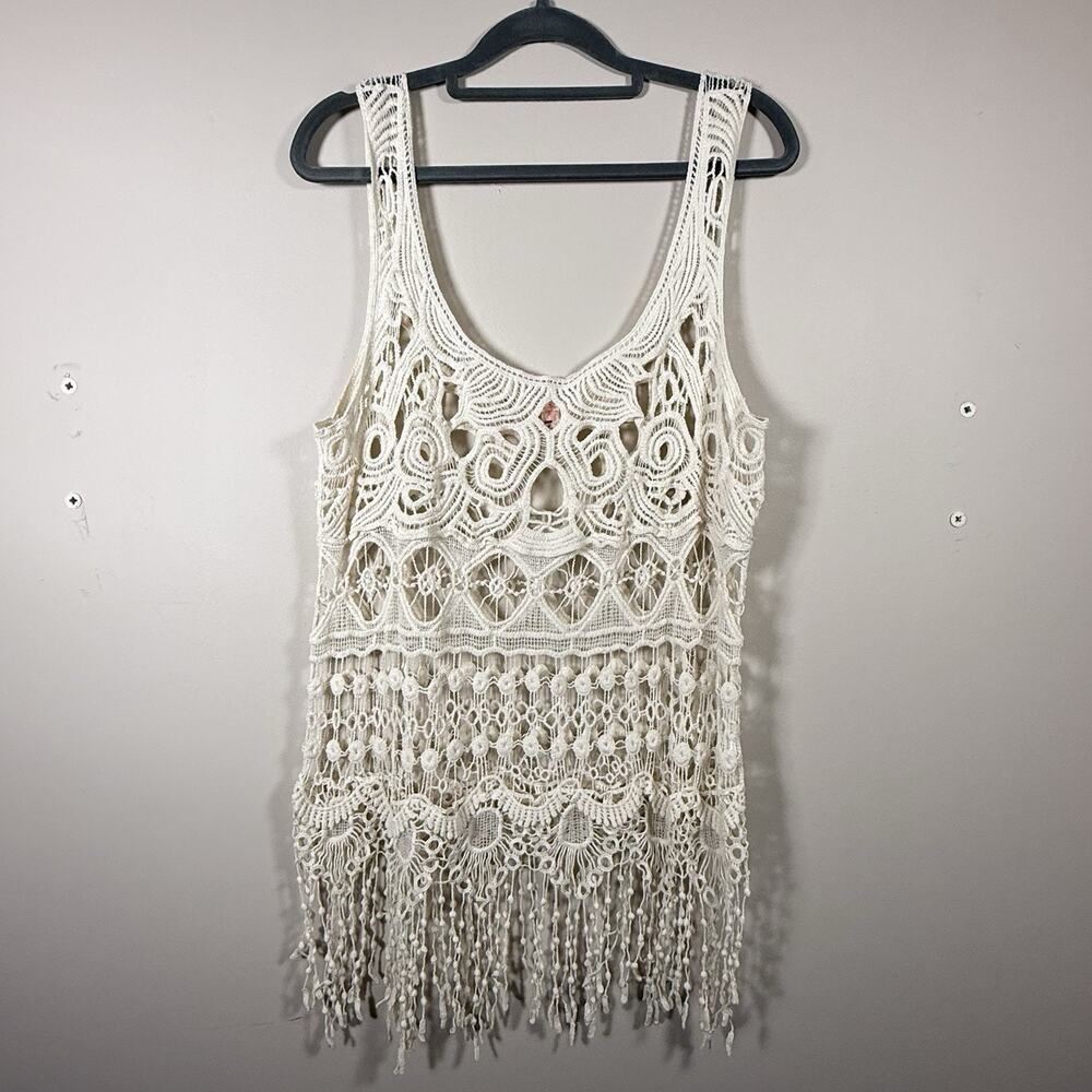123USA 100% Cotton Crochet Fringe Festival Top Womens Tank SIZE MEDIUM Ivory Wht